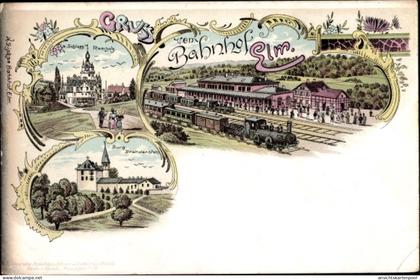 Lithographie Elm Schlüchtern im Main Kinzig Kreis, Bahnhof, Gleisseite, Burg Brandenstein, Schloss Ramholz