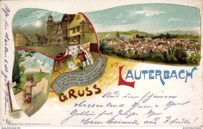 Lithographie Lauterbach an der Lauter Vogelsbergkreis, Strumpf verloren, weinendes Kind, Panorama