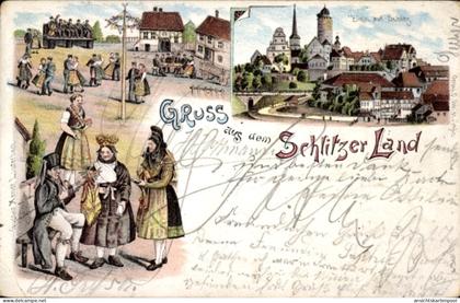Lithographie Schlitz im Vogelsbergkreis, Teilansicht der Stadt, Frauen in Tracht, Maibaum, Volkstanz
