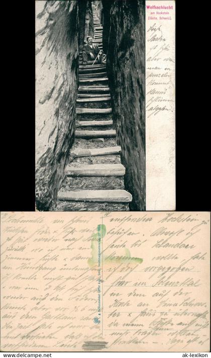 Hohnstein Sächsische Schweiz Wolfschlucht Hockstein Mann auf Holztreppe 1910