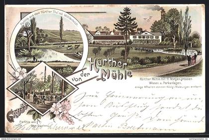 Lithographie Hürth, Gasthaus Hürther Mühle mit Garten und Park