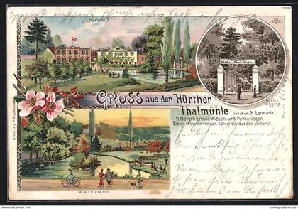 Lithographie Hürth, Restaurant Hürther Thal-Mühle, Mühlenteich, Garteneingang