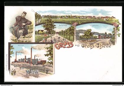 Lithographie Gross-Ilsede, Bergmann mit Spitzhacke, Hütte, Hochbahn, Dorfstrasse