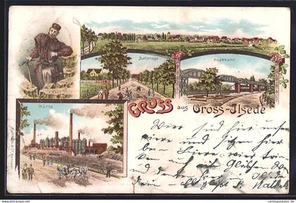 Lithographie Gross-Ilsede, Hütte, Hochbahn, Dorfstrasse