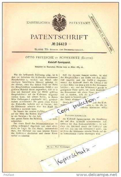 Original Patent - Otto Fritzsche in Schweinitz b. Jessen / Elster , 1883 , Klebstoff-Sparapparat !!!