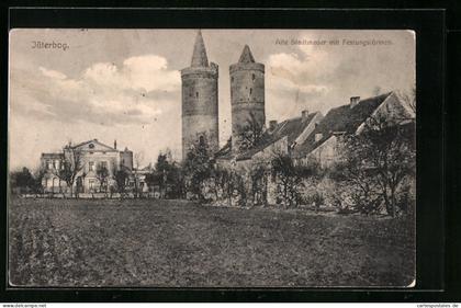 AK Jüterbog, alte Stadtmauer mit Festungstürmen