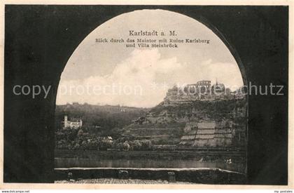 Karlstadt Main Blick durchs Maintor mit Ruine Karlsburg und Villa Steinbrueck