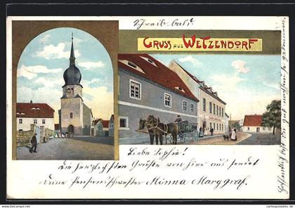 Lithographie Wetzendorf / Karsdorf, Strassenpartie mit Gasthof, Kirche
