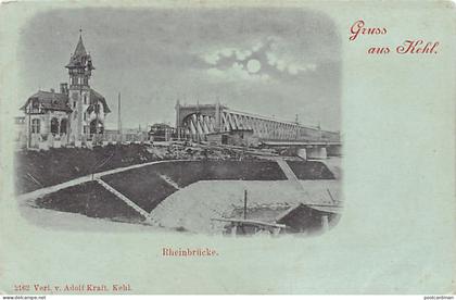 France - Deutschland - Kehl - Rheinbrücke - Mondschein Ansichtskarte - Verl. v. Adolf Kraft, Kehl