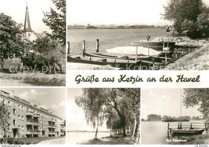 Ketzin Motiv mit Kirche Wohnblock Partie an der Havel Faehrhaus