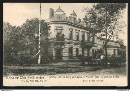 AK Ober-Schöneweide, Wuhlheide, Restaurant Im Krug zum grünen Kranze E. Höflich, Fuhrwerke