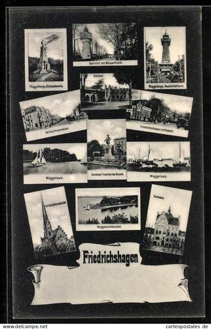 Mikroskop-AK Berlin-Friedrichshagen, Rathaus, Müggelsee, Bahnhof mit Wasserturm