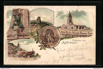Lithographie Kyffhäuser, Kyffhäuser-Denkmal, Barbarossa, Reiterstandbild