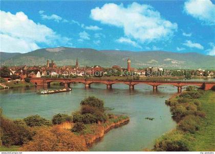 Ladenburg Neckar Bruecke Stadtansicht Kirchturm Wasserturm Schiff Auen