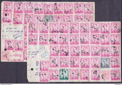 Lot 2 notes de dépenses (documents internes de la Poste) affr. nombreux Baudouin "Lunettes" surch. "T" datés 29.III.1965