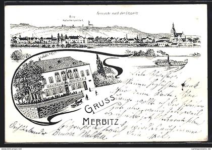 Lithographie Merbitz / Dresden, Gasthaus, Naturheilanstalt, Fernsicht nach der Lössnitz