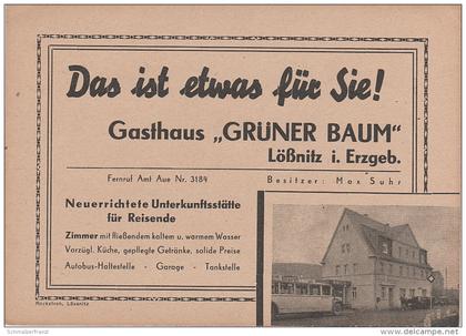 Werbekarte Lössnitz Erzgebirge Gasthaus Grüner Baum mit Bus bei Aue Schlema Schneeberg Alberoda Zwönitz Affalter Lauter