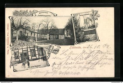 AK Lübbecke i. W., Restaurant zum Weingarten, Försterei, Kriegerdenkmal