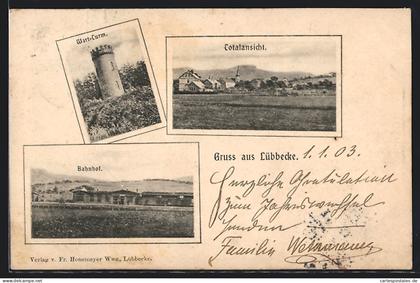 AK Lübbecke, Totalansicht, Bahnhof, Wartturm