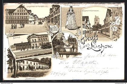 Lithographie Lüchow / Dannenberg, Gasthof Schützenhaus, Burgstrasse mit Schlossruine, Bahnhof