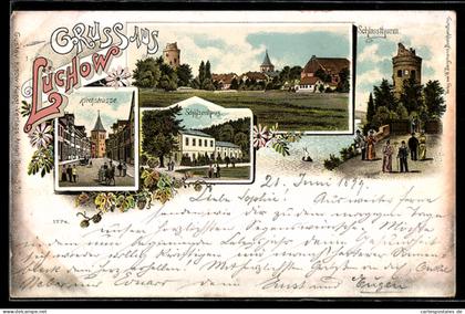 Lithographie Lüchow, Schützenhaus, Schlossturm, Kirchstrasse