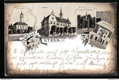 Lithographie Lützen, Rathaus, Altes Schloss, Siegesdenkmal