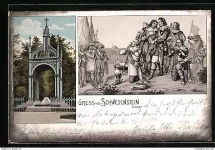 Lithographie Lützen, Schwedenstein mit Denkmal