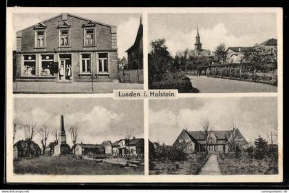 AK Lunden i. Holstein, Geschäft, Denkmal, Strassenpartie