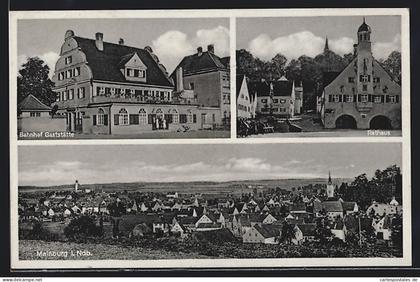 AK Mainburg i. Ndb., Bahnhof-Gaststätte, Rathaus, Ortsansicht