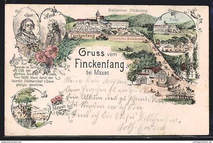 Lithographie Maxen, Etablissement Finckenfang, Herr v. Daun und v. Finck