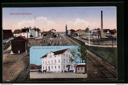 AK Meckenbeuren, Bahnhof-Restaurant Baur, Ortspartie mit Bahngleis