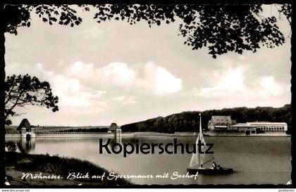 ÄLTERE POSTKARTE MÖHNESEE BLICK AUF SPERRMAUER MIT SEEHOF Restaurant Ruf Körbecke Möhnetalsperre Talsperre Ansichtskarte