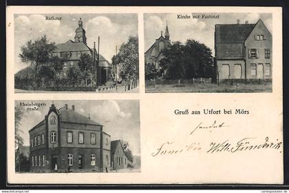 AK Utfort bei Mörs, Rathaus, Kirche mit Pastorat, Rheinbergerstrasse