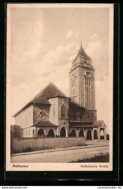 AK Mühlacker, Strassenpartie mit Kath. Kirche