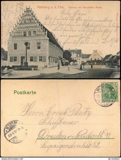 Ansichtskarte Mühlberg/Elbe Miłota Rathaus mit Neustädter Markt. 1905