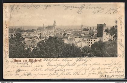 AK Mühldorf, Ortsansicht mit zinnenbewehrtem Turm