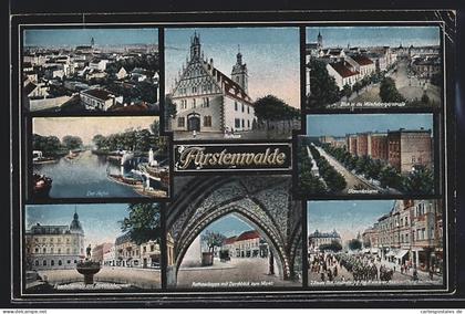 AK Fürstenwalde / Spree, Rathaus, Ulanenkaserne, Münchebergerstrasse, Hafen und Eisenbahnstrasse