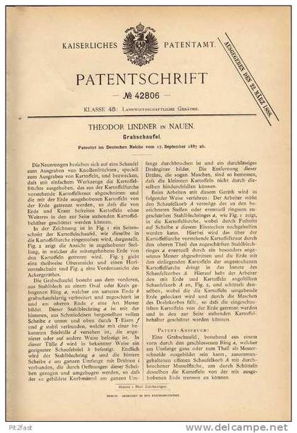 Original Patentschrift - T. Lindner in Nauen , 1887 , Schaufel für Grab , Bestatter , Beerdigung , Beisetzung !!!