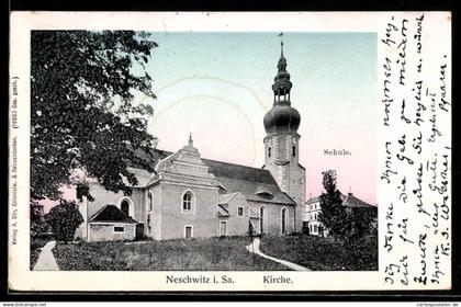 AK Neschwitz, Kirche, im Hintergrund die Schule