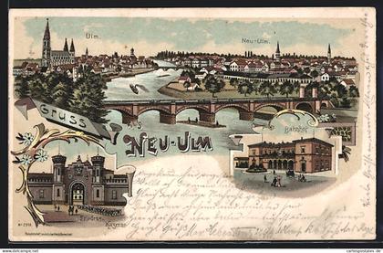 Lithographie Neu-Ulm, Friedens-Kaserne, Bahnhof