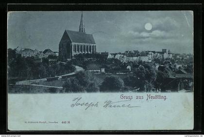 Mondschein-AK Neuötting, Totale mit Kirche