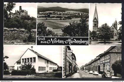AK Nörten-Hardenberg, Burgruine, Schule, Kath. Kirche, Strassenpartie