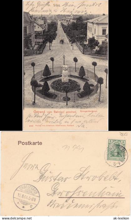 Ansichtskarte Ortrand Bahnhofstrasse und Kriegerdenkmal 1904
