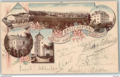 01909 O8504 Großharthau 1897 Lithographie Bahnhof Villa Schauer Kirche P... - 13610841
