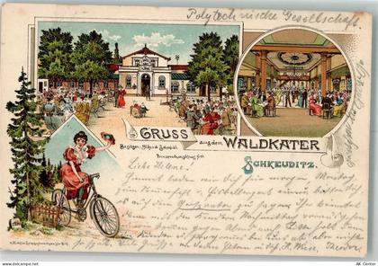 04435 O7144 Schkeuditz 1900 Lithographie Fahradfahrerin Gasthaus Waldkat... - 13660160