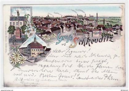 Schkeuditz, Lithographie mit Rathaus, Gesamtansicht und Siegessäule gela... - 39019582