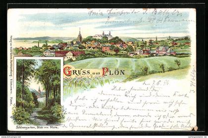 Lithographie Plön, Schlossgarten, Blick vom Stern, Panorama