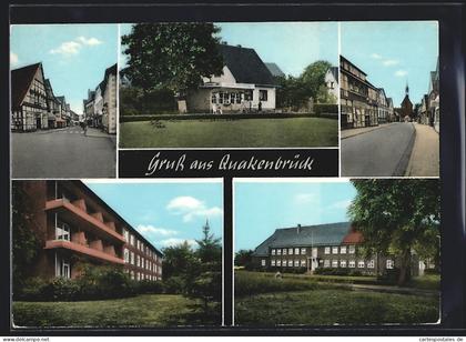 AK Quakenbrück, Kiosk, Strassenpartie mit Fachwerkhäusern, Blick zur Kirche