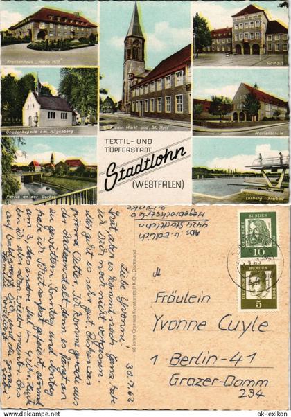 Ansichtskarte Stadtlohn MB: Freibad, Berkelpartie, Markt, Marienschule 1963