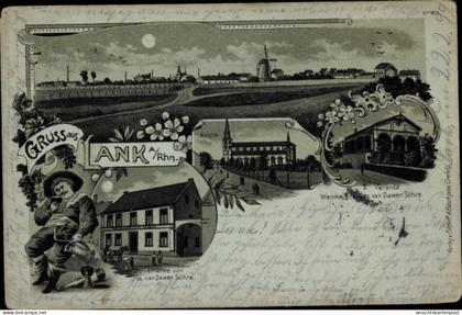 Clair de lune Lithographie Lank Latum Meerbusch am Niederrhein, Kirche, Weinschenke, Blick auf den Ort